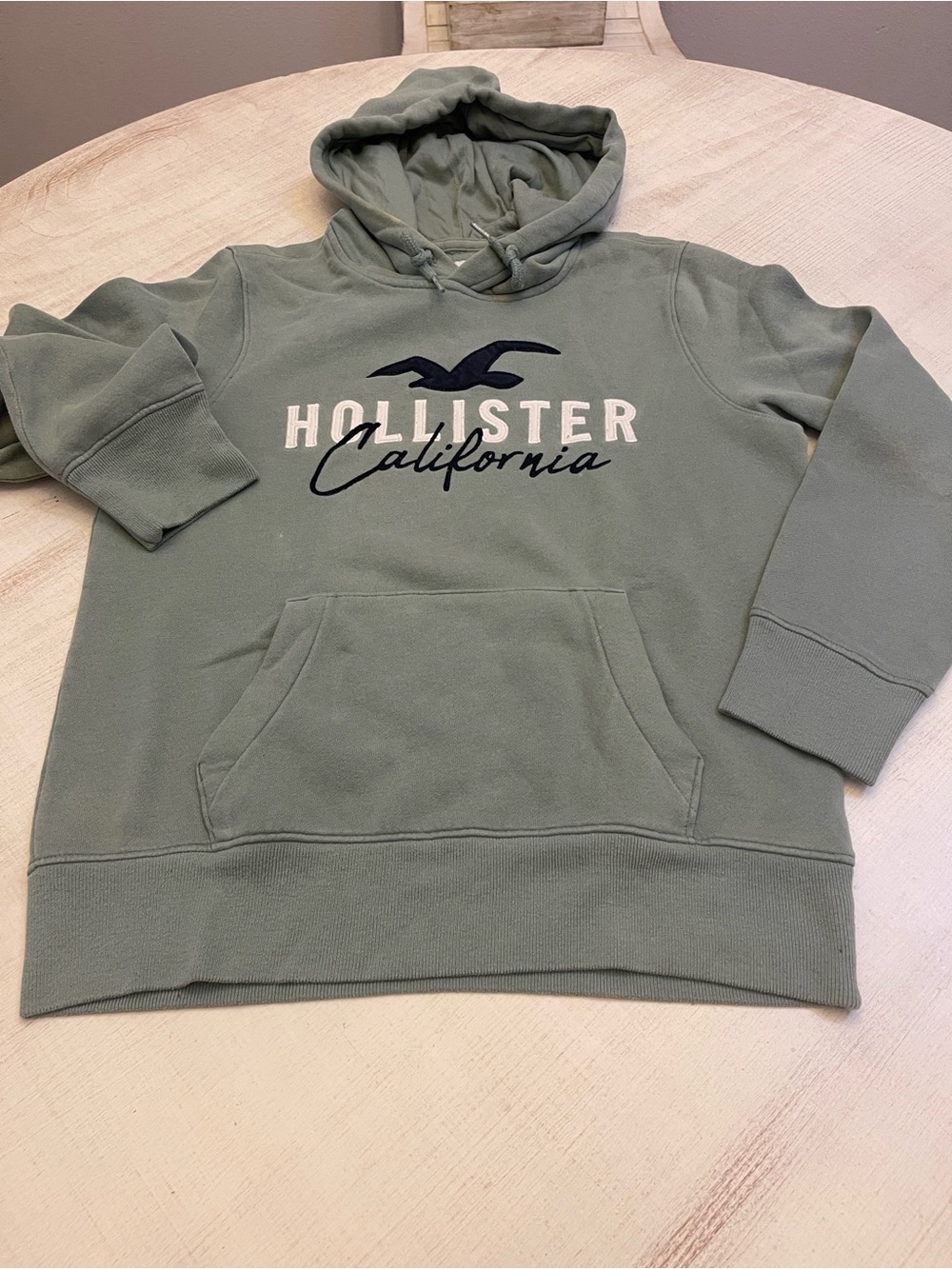 Hollister Men's Pullover Hoodie in Sage Green with Navy Logo